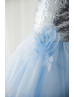 Silver Sequin Blue Tulle V Back Butterfly Flower Girl Dress Silver Sequin Blue Tulle V Back Butterfly Flower Girl Dress